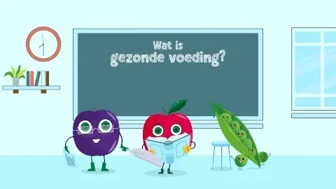 Geanimeerde fruitjes voor een schoolbord met de vraag: Wat is gezonde voeding?