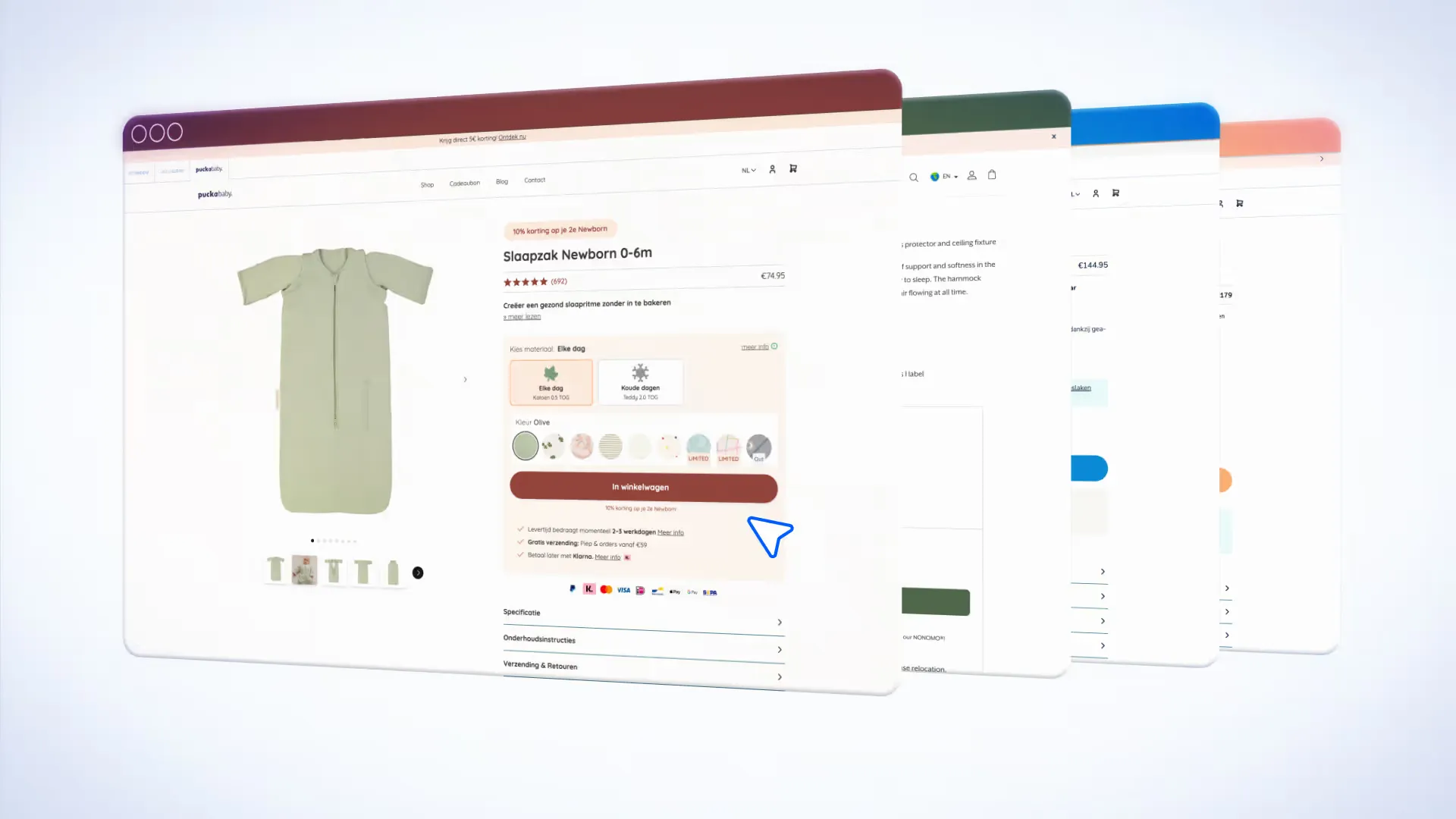 Meerdere webshoppagina's van een kledingmerk die achter elkaar zweven