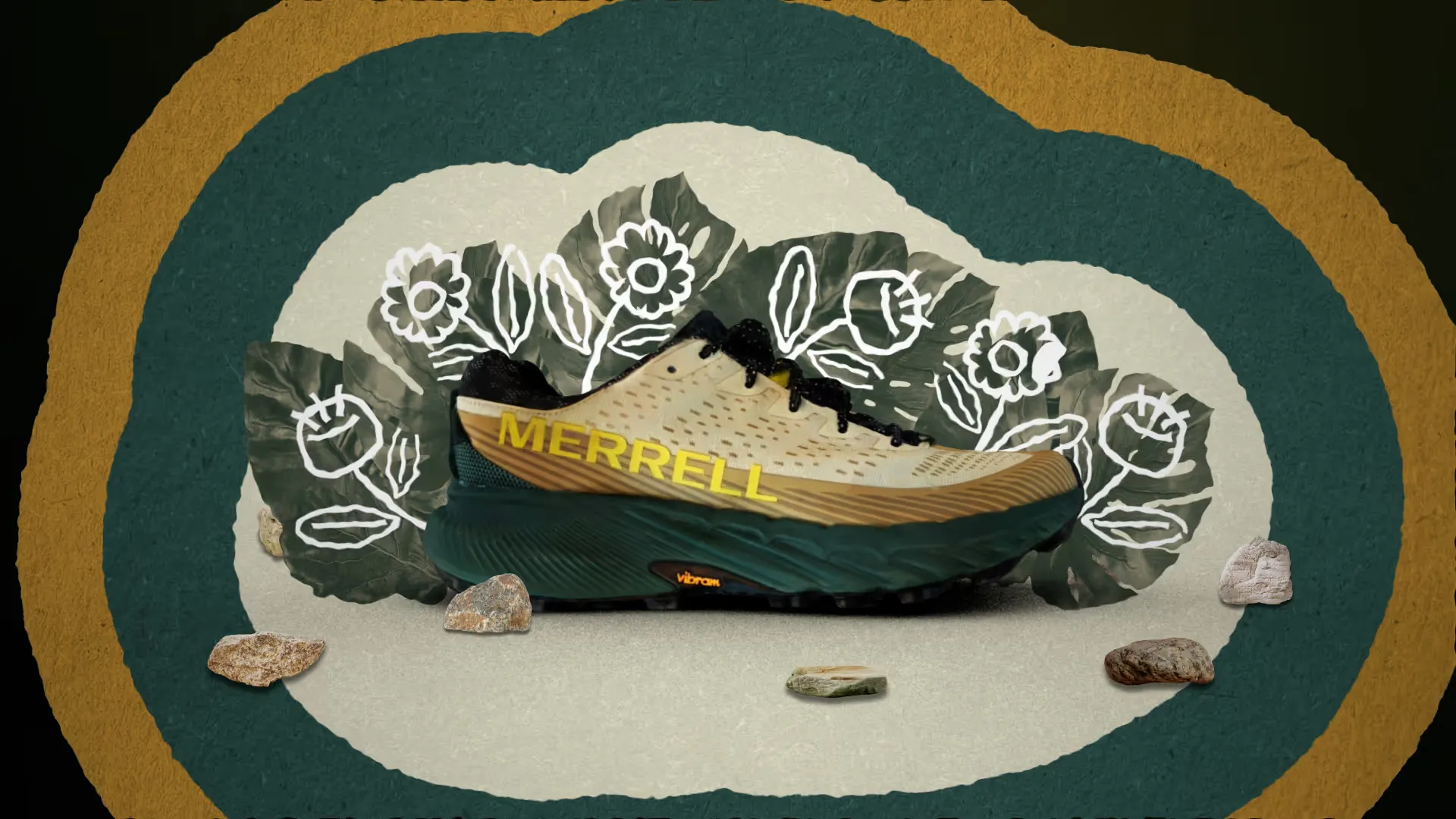 Een Merrell-schoen in een papieren collage met getekende bloemen en stenen