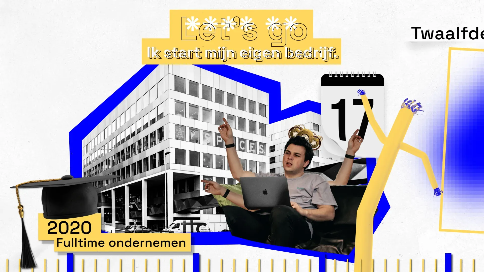 Collage met een man op een laptop voor een kantoorgebouw en de tekst: Let's go, ik start mijn eigen bedrijf