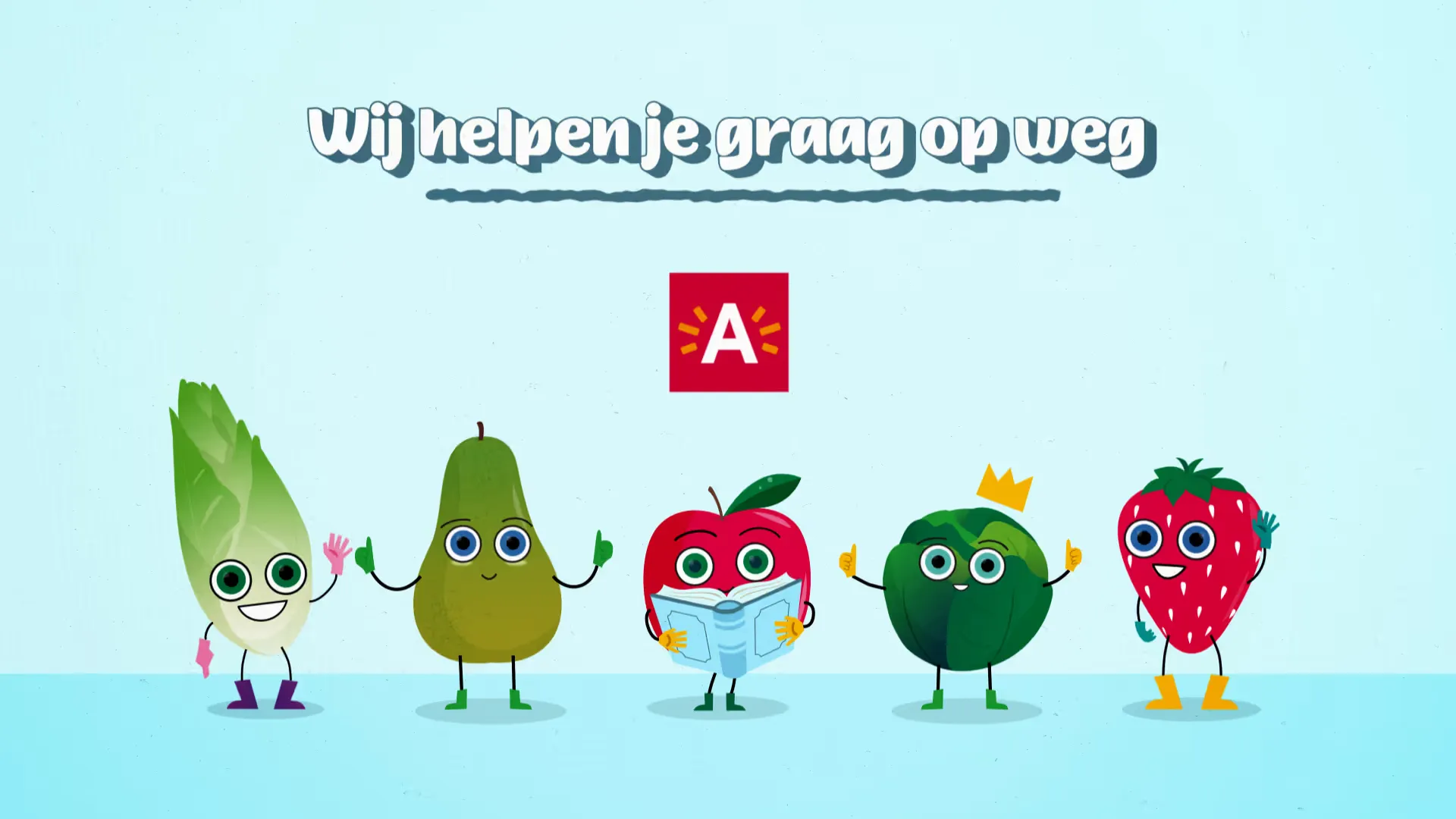 Lachende groenten en fruitjes naast elkaar onder de tekst Wij helpen je graag op weg