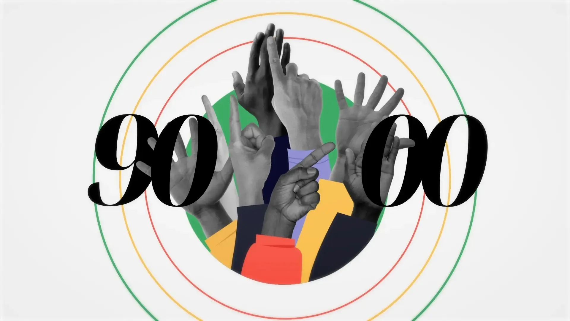 Collage van opgestoken handen tussen de cijfers 90 en 00, omringd door gekleurde cirkels