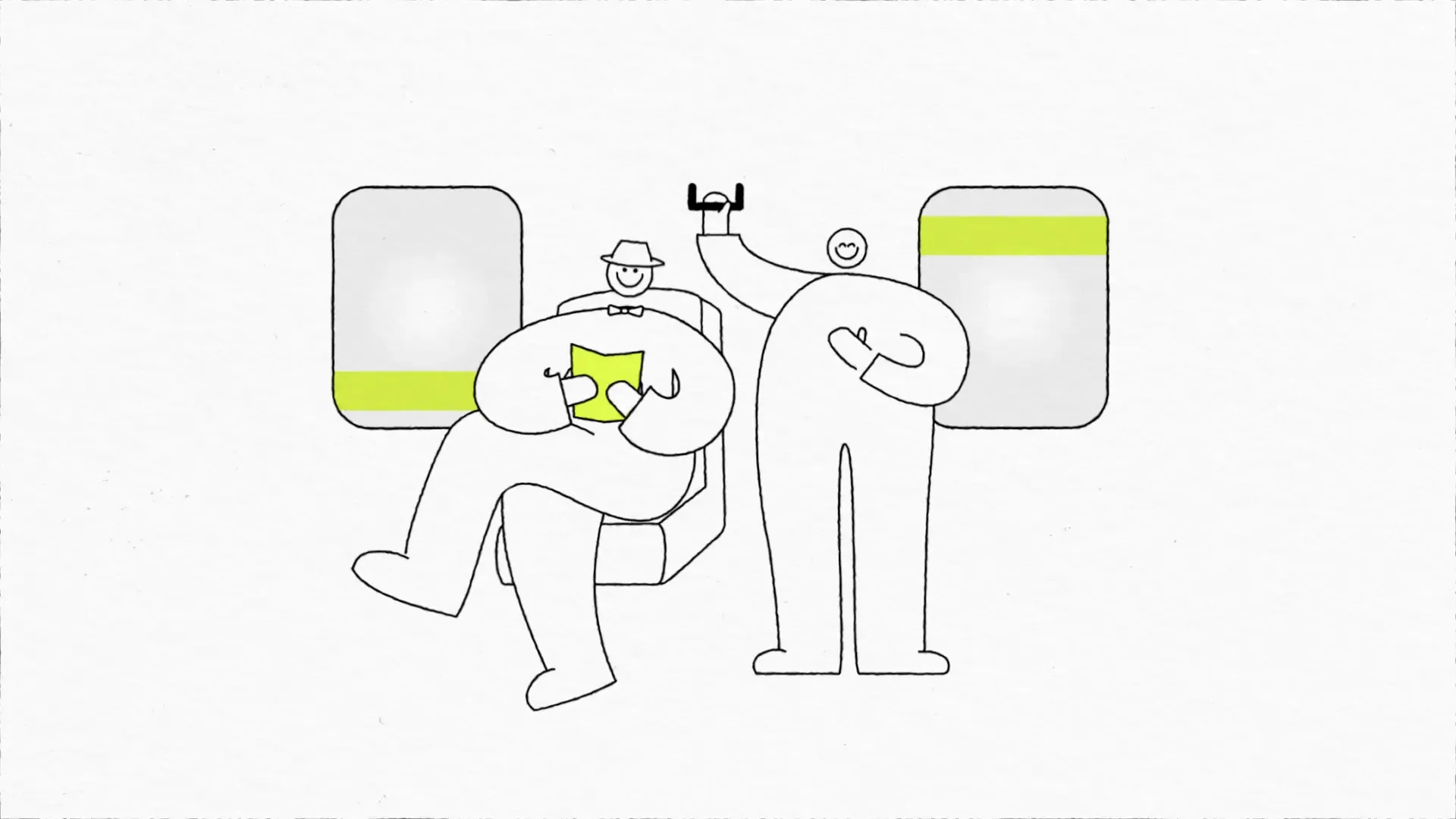 Lijntekening van twee figuren op een trein, de een leest, de ander zwaait